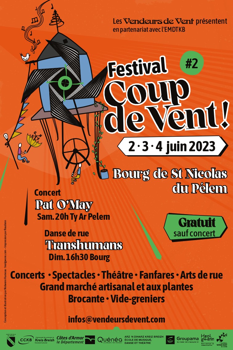 Affiche du festival Coup de Vent ! #2 - 2, 3 et 4 juin 2023 par Heol gwenn, graphiste webdesigner à Rostrenen / Côtes d'Armor