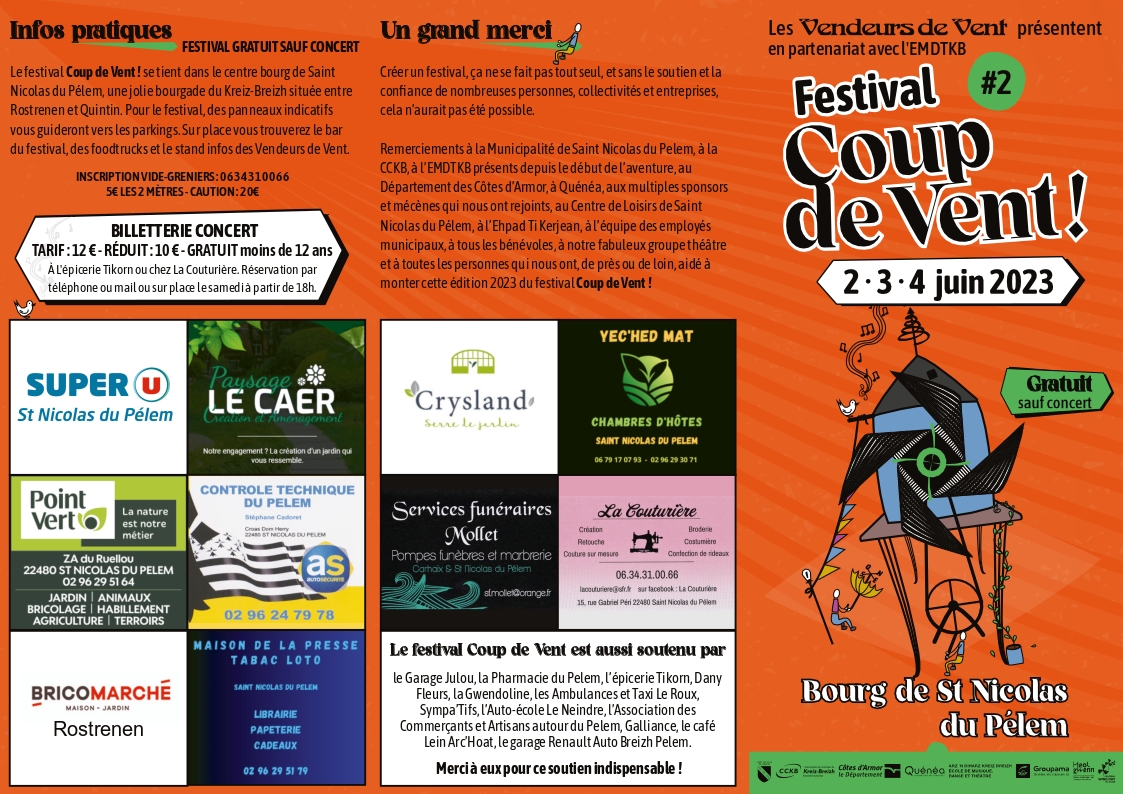 Page extérieure dépliant 3 volets A4 - Festival Coup de Vent ! #2 par Heol gwenn, graphiste webdesigner à Rostrenen / Côtes d'Armor