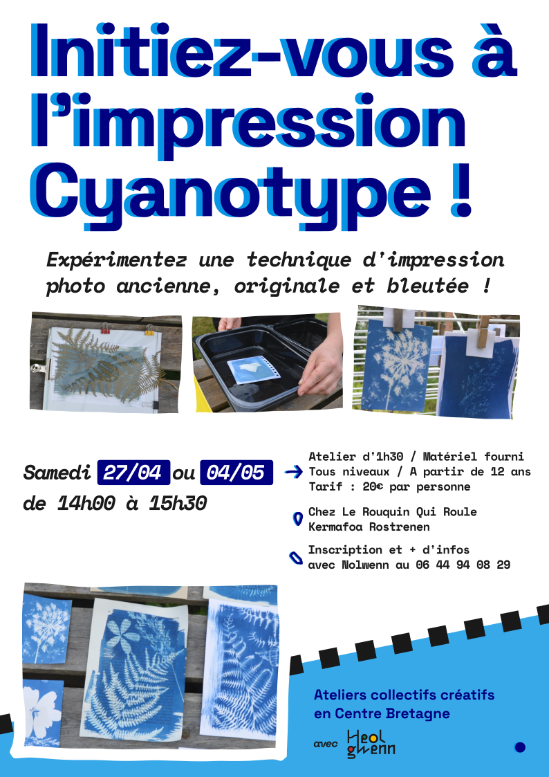 Atelier créatif Cyanotype les samedis 27/04 ou 04/05/2024 chez Le Rouquin Qui roule à Rostrenen avec Heol gwenn